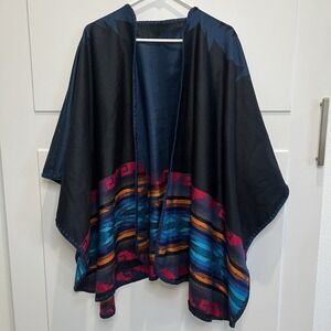 Reversible Southwest Blanket Scarf Poncho Wrap Women‎ One Size Blue Black Boho